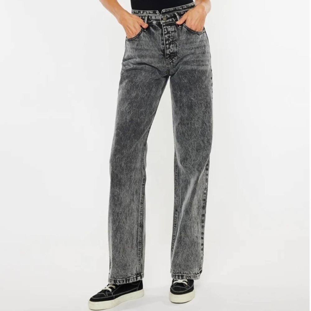 KanCan 13 Raila High Rise 90’s Flare Mom Y2K Style Button Fly Jeans Black Acid